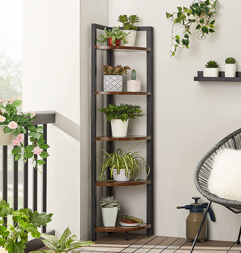 Rootz Corner Cabinet - Bookcase - Shelf - Metal - Processed Wood - Brown - Black - 30 x 30 x 150 cm