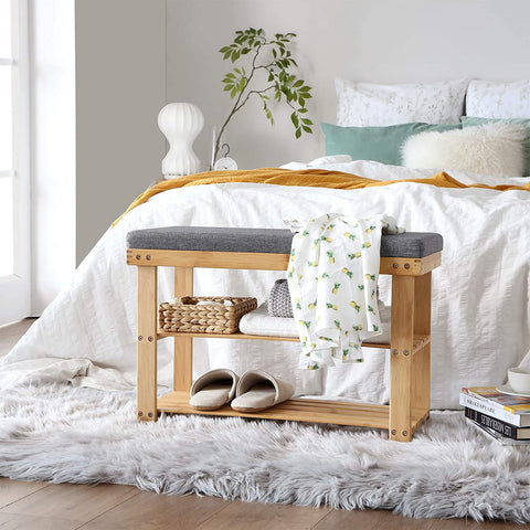 Rootz Shoe Bench - Shoe Rack - Bamboo - 2 Shelves - Seat - Gray - Natural - 71 x 29 x 49 cm