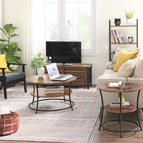 Rootz Round Coffee Table - Industrial Style - Side Table - Cocktail Table - 2 Shelves - Industrial - 80 x 45 cm