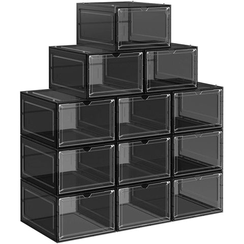 Rootz Set Of 12 Shoe Boxes - Shoe Storage - Shoes Organizer - Plastic - Transparent - Stackable - 27 x 34.5 x 19 cm - Shoes Up To Size 45