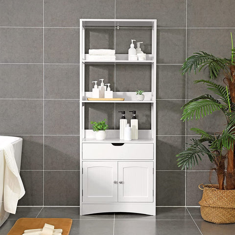 Rootz Storage Cabinet - High Cabinet - Bathroom Cabinet - 3 Open Compartments - 1 Drawer - 2 Doors - White - 60 x 32.5 x 154 cm