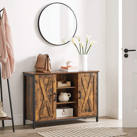 Rootz Sideboard - Storage Cabinet - Sideboard - Kitchen Cabinet - 2 Doors - 2 Open Compartments - Industrial - Brown - Black - Processed Wood - Metal - 100 x 35 x 70 cm