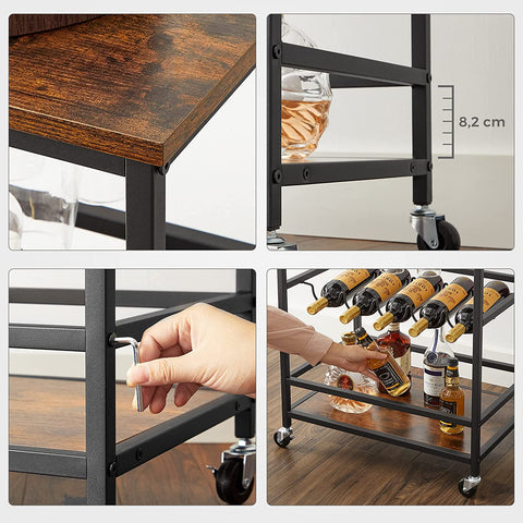Rootz Kitchen trolley - Serving trolley - Bar trolley - On wheels - Bottle rack - Glass holders - Brown - Black - Processed Wood - Metal - 60 x 40 x 75 cm