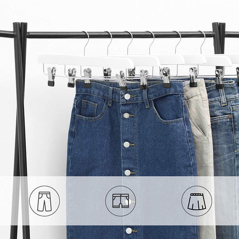 Rootz Clothes Hangers - Trouser Hangers - Set Of 8 - Solid Wood - Anti-Slip - Swivel Hook - Adjustable Clips - White - 35.5 x 1.1 x 16.2 cm