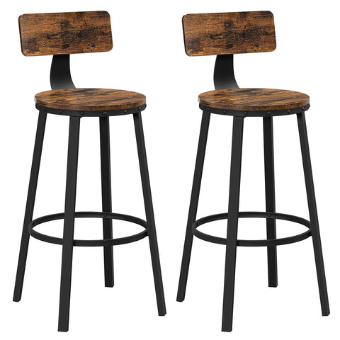 Rootz Bar Stools - Kitchen Stools - Set of 2 Tall Bar Chairs with Backrest - Steel Frame - Industrial - 73 cm High Seat