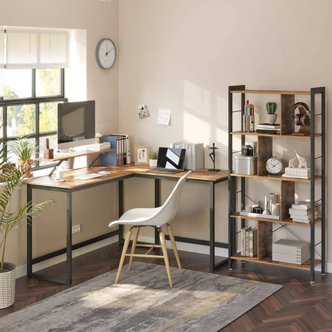 Rootz L-Shaped Desk with Screen Stand for Studying, Gaming, Working - Adjustable Legs - Metal Frame - Rustic Brown - (140 x 130 x 76/91.5 cm)