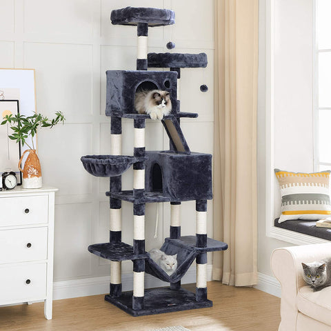 Rootz Scratching Post - Cat Tree - Hammock - Cave - Plush - Sisal - 7 Levels - Smoke Gray - 60 x 50 x 206 cm