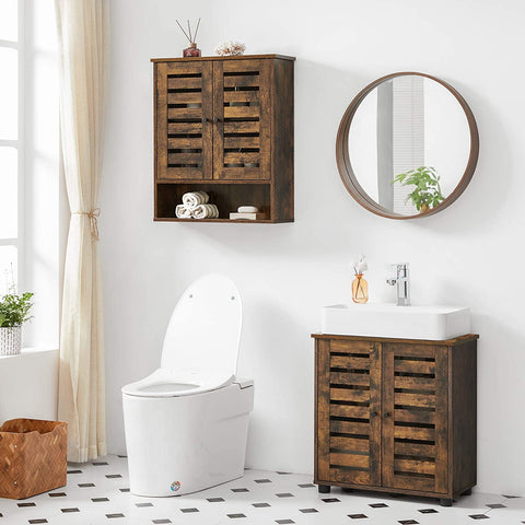 Rootz Wall cabinet - Bathroom cabinet - Storage cabinet - 2 Doors - 1 Open Compartment - Brown - Processed Wood - Industrial - 60 x 20 x 70 cm