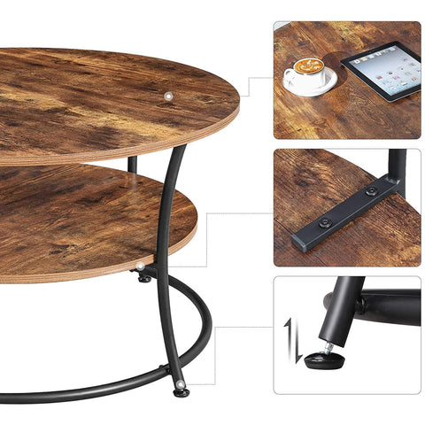 Rootz Round Coffee Table - Industrial Style - Side Table - Cocktail Table - 2 Shelves - Industrial - 80 x 45 cm
