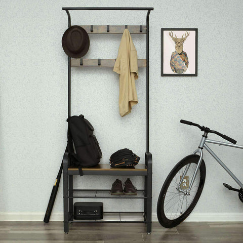 Rootz Standing Wardrobe Rack with Coat Rack - Shoe Rack and Bench - Vintage Industrial - Coat Racks - Brown / Black - 72 x 33.7 x 183 cm