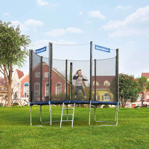 Rootz Trampoline - Garden Trampoline - Round - Ladder - Padded Rods - Safety Net - Black - Blue - 427 cm
