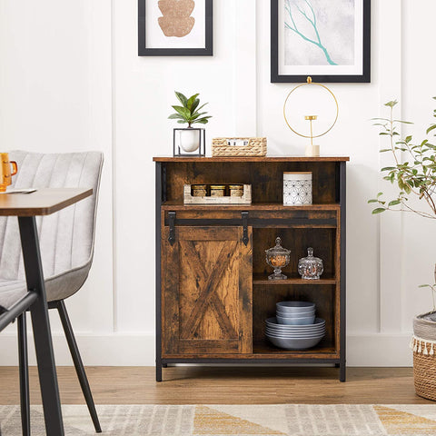 Rootz Sideboard - Storage Cabinet - Kitchen Cabinet - Sliding Door - Open Compartment - Adjustable Shelf - Industrial - Brown - Black - 70 x 30 x 80 cm