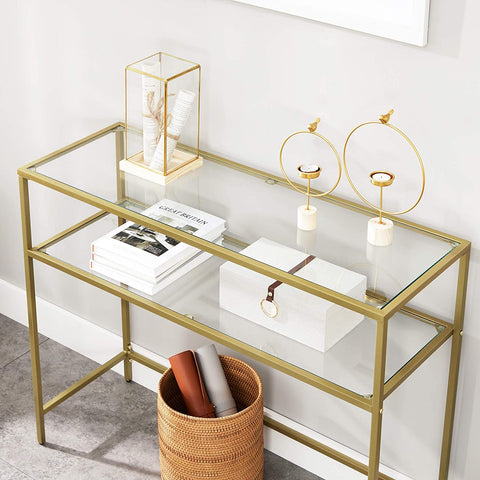 Rootz Console Table - Side Table - 2 Levels - Tempered Glass - Metal Frame - Adjustable Legs - Gold - 100 x 35 x 80 cm