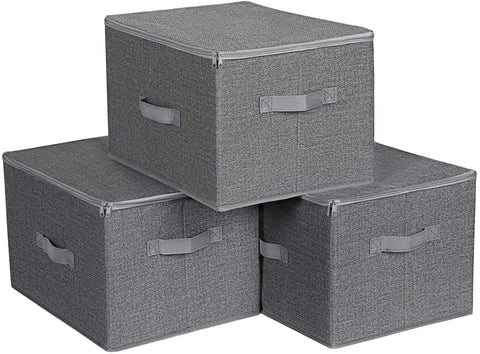 Rootz Storage Boxes - Set Of 3 - Lid - Foldable - Fabric - Handles - Gray - 40 x 30 x 25 cm