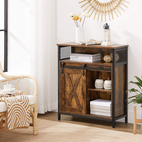 Rootz Sideboard - Storage Cabinet - Kitchen Cabinet - Sliding Door - Open Compartment - Adjustable Shelf - Industrial - Brown - Black - 70 x 30 x 80 cm