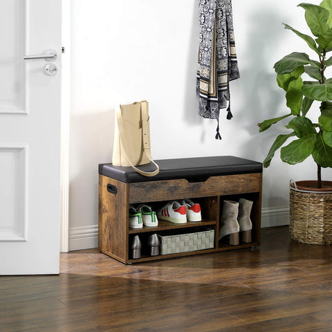 Rootz Shoe Bench - Seat Bench - Padded, 3 Open Compartments, Under Seat Storage - Shoe Storage - Hallway, Living Room, Bedroom - Dark Brown