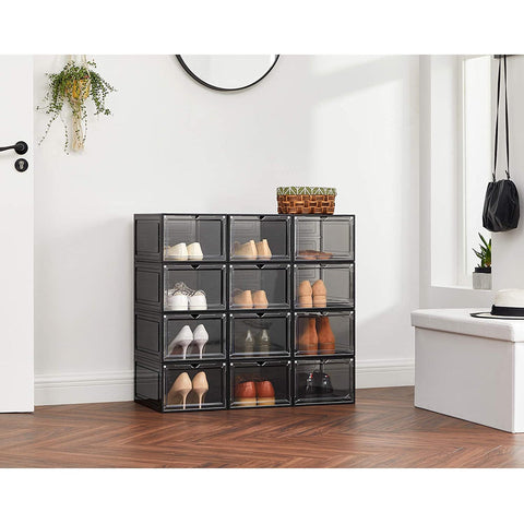 Rootz Set Of 12 Shoe Boxes - Shoe Storage - Shoes Organizer - Plastic - Transparent - Stackable - 27 x 34.5 x 19 cm - Shoes Up To Size 45
