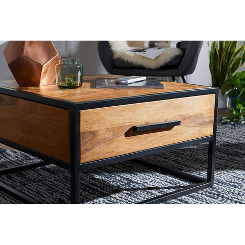 Rootz Industrial Coffee Table - Side Table - Solid Wood - Brown - Luxury Retro Vintage Glass Coffee Table With Storage Space - 65 x 38 x 65 cm