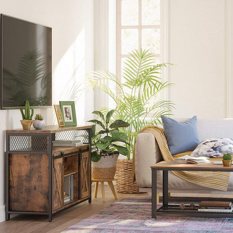 Rootz TV Furniture - TV Cabinet - 2 Sliding Doors - Up to 60 Inch - 135 x 40 x 76 cm - Adjustable Shelves - Industrial - Brown - Black