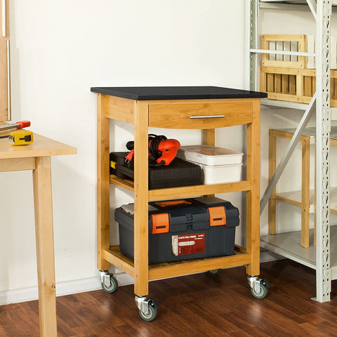 Rootz Bamboo Kitchen Trolley Cart - Kitchen Storage - Trolley Serving Trolley with Black Granite Countertop