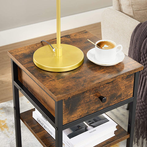 Rootz Bedside table - Side table - Drawer - 2 Shelves - 35 x 35 x 70 cm - Processed Wood - Metal - Industrial - Brown - Black