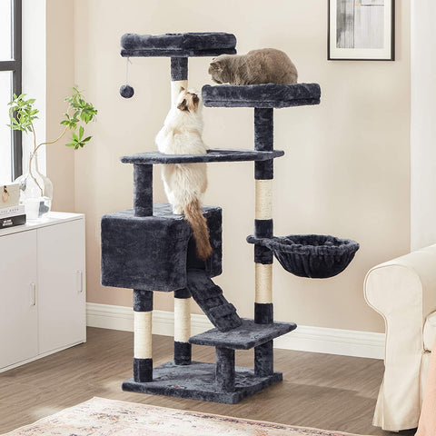 Rootz Scratching Post - Cat Tree - Hammock - Cave - Plush - Sisal - 6 Levels - Smoke Gray - 50 x 45 x 142 cm