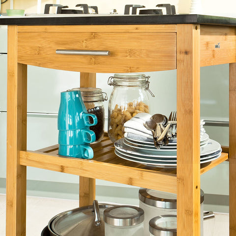 Rootz Bamboo Kitchen Trolley Cart - Kitchen Storage - Trolley Serving Trolley with Black Granite Countertop