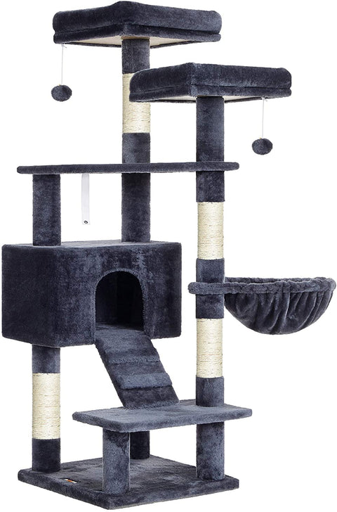 Rootz Scratching Post - Cat Tree - Hammock - Cave - Plush - Sisal - 6 Levels - Smoke Gray - 50 x 45 x 142 cm