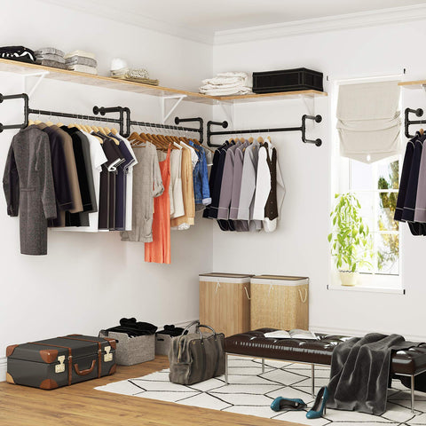 Rootz Wall Mounted Clothes Rack - Set of 2 - Industrial Pipe Clothes Hanging Bar - Black - 110 x 30 x 29.3 cm
