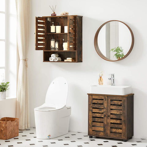 Rootz Wall cabinet - Bathroom cabinet - Storage cabinet - 2 Doors - 1 Open Compartment - Brown - Processed Wood - Industrial - 60 x 20 x 70 cm