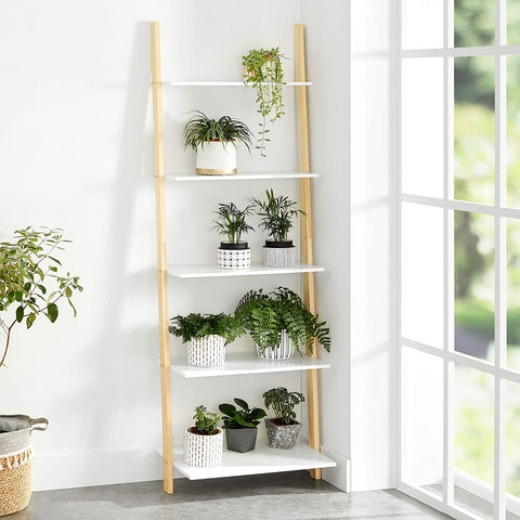 Rootz Ladder Cabinet - Bookcase - Ladder Shelf - 5 Levels - 60 x 35 x 171 cm - Solid Wood Frame - Matt White - Natural