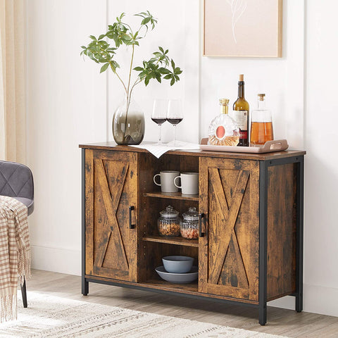 Rootz Sideboard - Storage Cabinet - Sideboard - Kitchen Cabinet - 2 Doors - 2 Open Compartments - Industrial - Brown - Black - Processed Wood - Metal - 100 x 35 x 70 cm
