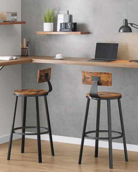 Rootz Bar Stools - Kitchen Stools - Set of 2 Tall Bar Chairs with Backrest - Steel Frame - Industrial - 73 cm High Seat