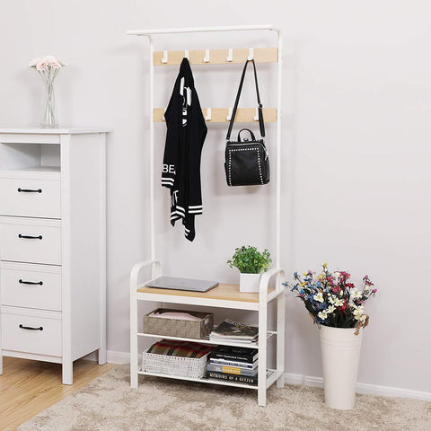 Rootz Standing Wardrobe Rack with Coat Rack - Shoe Rack and Bench - Vintage Industrial - Coat Racks - Beige / White - 72 x 33.7 x 183 cm