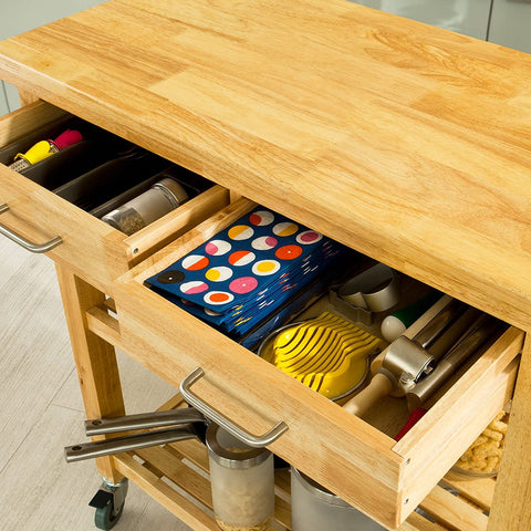 Rootz Rubber Wood Kitchen - Storage Trolley Cart with Two Drawers & Shelves
