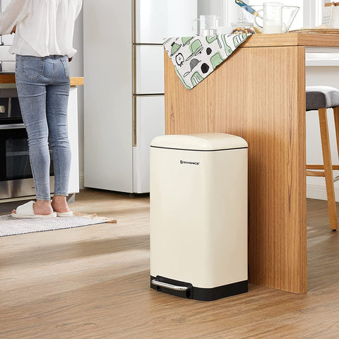 Rootz Trash Can - Pedal Bin - 30L - Steel - Inner Bucket - Soft Close - Airtight - Cream White - 34 x 25 x 61.5 cm