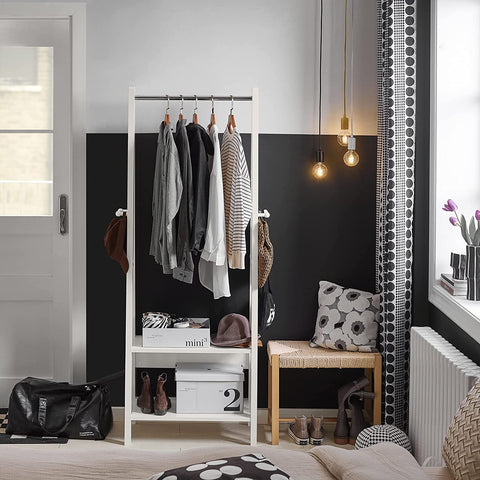 Rootz White Modern Clothes Rail Stand Rack with Two Storage Shelves - Wood Coat Rack Hanging Rail - W66 x D39 x H180cm