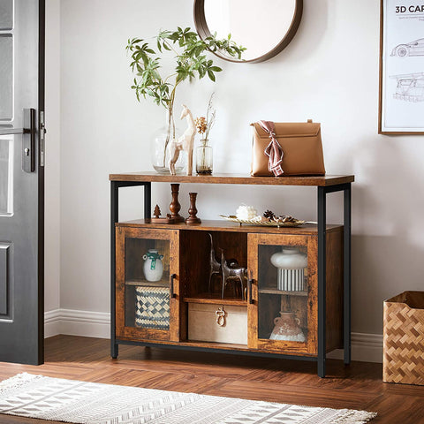 Rootz Sideboard - Storage Cabinet - Sideboard - Kitchen Cabinet - 2 Doors - 2 Open Compartments - Industrial - Brown - Black - Processed Wood - Metal - 100 x 35 x 80 cm