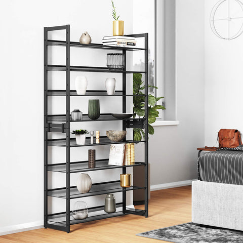 Rootz Shoe rack with 8 levels - Set of 2 stackable 4-tier shoe organizers - Metal shoe storage with adjustable mesh shelves - Black