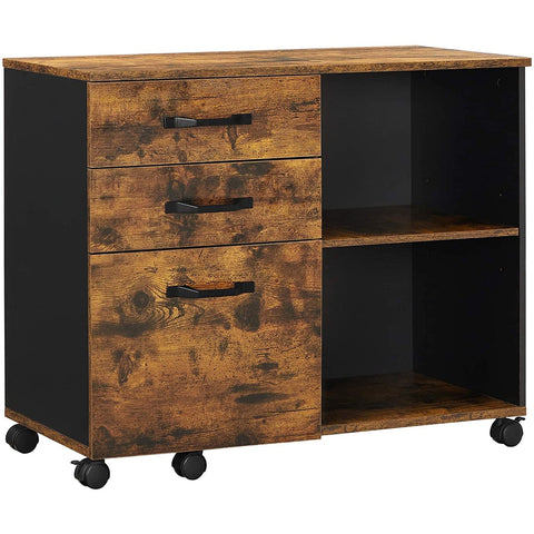 Rootz File Cabinet - Roll Container - Drawer Cabinet - On Wheels - Storage Compartments - Industrial - Brown - Black - Processed Wood - Metal - 80 x 40 x 66 cm