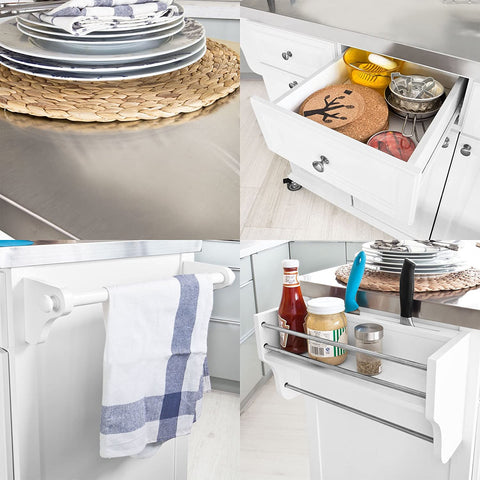 Rootz Luxury Kitchen Trolley with Large Storage Cabinet - Kitchen Island with Stainless Steel Worktop