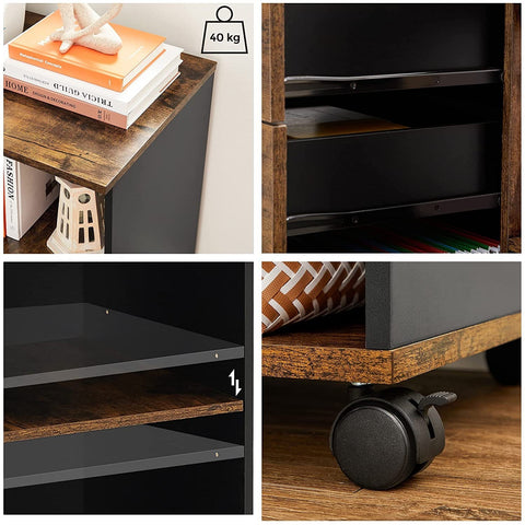 Rootz File Cabinet - Roll Container - Drawer Cabinet - On Wheels - Storage Compartments - Industrial - Brown - Black - Processed Wood - Metal - 80 x 40 x 66 cm