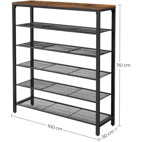 Rootz Shoe Rack - Shoe Cabinet - 5 Levels - Side Cabinet - 20 Pairs of Shoes - Metal Frame - Hallway Cabinet - 100 x 30 x 100 cm - Industrial - Brown - Black