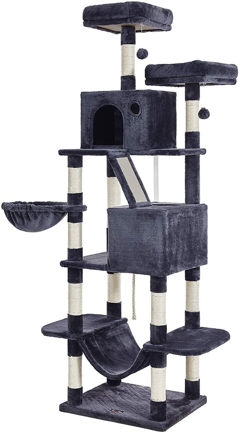 Rootz Scratching Post - Cat Tree - Hammock - Cave - Plush - Sisal - 7 Levels - Smoke Gray - 60 x 50 x 206 cm