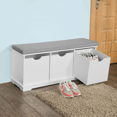 Rootz Storage Bench with 3 Drawers & Removable Seat Cushion - Shoe Storage Cabinet - White