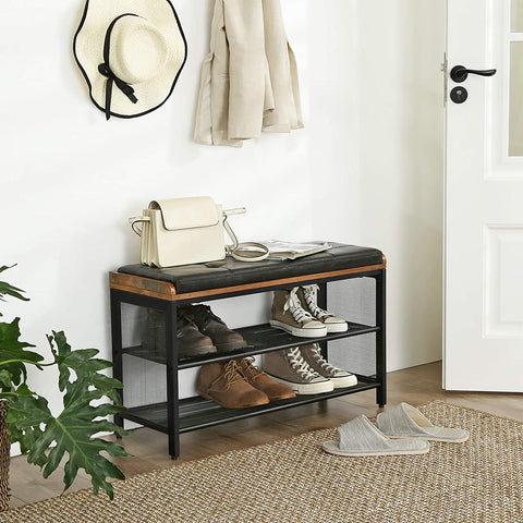 Rootz Shoe Rack - Padded Bench with Grid Shelf - Metal Construction