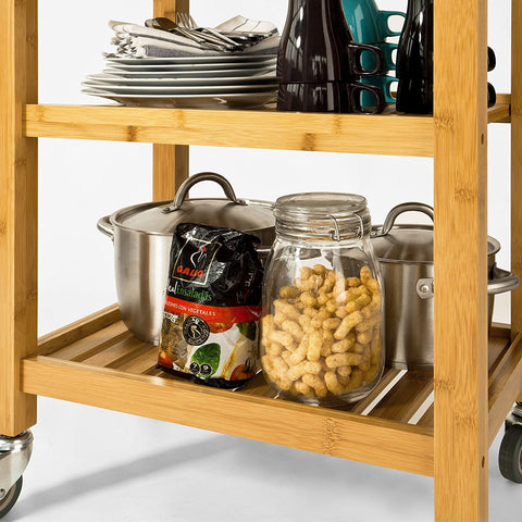 Rootz Bamboo Kitchen Trolley Cart - Kitchen Storage - Trolley Serving Trolley with Black Granite Countertop