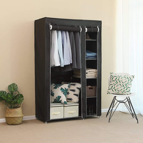 Rootz Wardrobe - Double Canvas Wardrobe - Foldable Wardrobe Closet - With Clothes Hanging Rail And Storage Shelves - Fabric Hanging Closet & Shelf - Wardrobe - Black