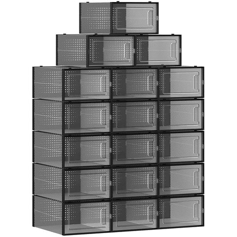 Rootz Shoe Boxes - 18 Storage Boxes - Foldable and Stackable - Transparent-Black - 31 x 24.5 x 17.5 cm
