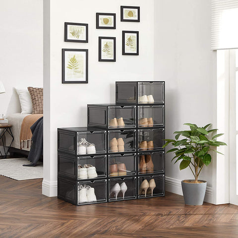 Rootz Set Of 12 Shoe Boxes - Shoe Storage - Shoes Organizer - Plastic - Transparent - Stackable - 27 x 34.5 x 19 cm - Shoes Up To Size 45